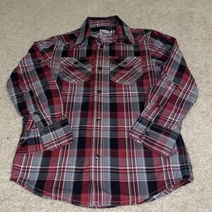 Helix Boys Small Red Black Plaid Long Sleeve Western Button Down Shirt Pocket